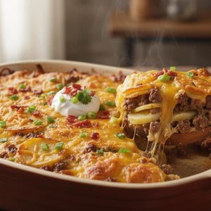 May include: A baked casserole with layers of potatoes and minced meat, topped with melted cheese, bacon pieces, and spring onions. A wooden spoon holds a portion, showing the layers and melted cheese, with steam rising.