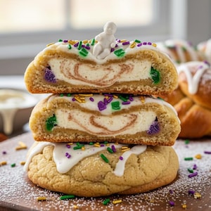 Op de afbeelding: Drie plakjes King Cake, gevuld met room en een wervelpatroon, op elkaar gestapeld. De bovenste plak heeft een kleine plastic baby en sprinkles. Een hele King Cake staat op de achtergrond.