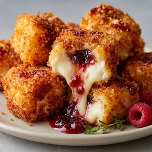 Peut inclure: Une assiette de cubes de fromage panés et frits, dorés, certains avec du fromage blanc dégoulinant et de la confiture rouge. Des framboises fraîches et des herbes garnissent l'assiette. Un délicieux apéritif.