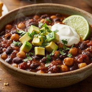 Op de afbeelding: Een kom stomende chili met zwarte bonen, kikkererwten en blokjes avocado, gegarneerd met een klodder zure room en een partje limoen. Geserveerd met maïsbrood op een houten tafel.