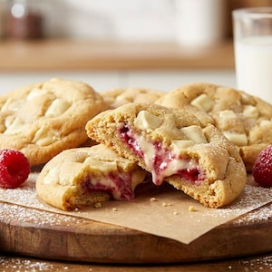 May include: Close-up of several white chocolate chip cookies with a raspberry filling, some cut open to show the filling. Fresh raspberries and a glass of milk are also on the wooden serving board.