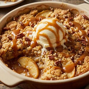 Puede incluir: Un postre de crumble de manzana horneado en un plato de cerámica marrón, cubierto con una bola de helado de vainilla y rociado con salsa de caramelo. El postre está adornado con nueces pecanas y se sirve con salsa de caramelo.