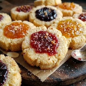 Puede incluir: Primer plano de una colección de galletas con forma de flor con varios rellenos de frutas, incluyendo rojo, naranja y morado oscuro. Las galletas están espolvoreadas con azúcar y nueces, dispuestas sobre una tabla de madera con una cuchara vintage.