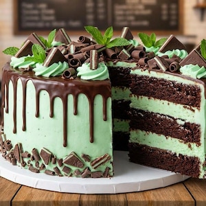 Op de afbeelding: Een gelaagde chocoladetaart met muntglazuur en chocoladeganache die langs de zijkanten druipt. De taart is versierd met stukjes chocolade, muntblaadjes en groene glazuurkrullen. Een plak is eruit gesneden.