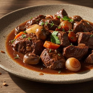 May include: A hearty serving of beef bourguignon on a speckled ceramic plate. The stew features chunks of braised beef, mushrooms, carrots, pearl onions, and herbs in a rich, dark sauce. The dish is presented on a wooden surface.