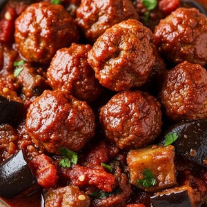 May include: A close-up shot of a bowl filled with meatballs in a rich tomato sauce, with chunks of eggplant and fresh herbs. The meatballs are a deep reddish-brown color, and the sauce is a vibrant red.