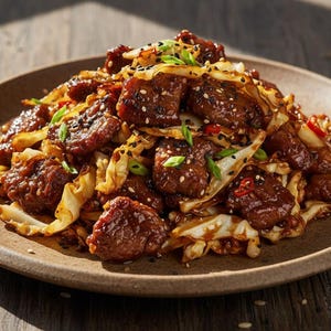 Puede incluir: Un plato de comida de inspiración asiática. El plato presenta trozos de carne glaseada, col, semillas de sésamo y cebolletas. La comida se sirve en un plato marrón, sobre una mesa de madera.