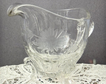 Vintage Footed Etched Floral Glass Creamer, Serving Piece, Creamers, Mid Century Kitchen Dining Decor Collectible