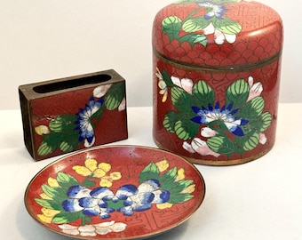Vintage Cloisonné Smoking Set, Copper and Enamel Cloisonné Cigarette Jar Match Box Holder Ashtray, Tobacciana, Cigarette Storage