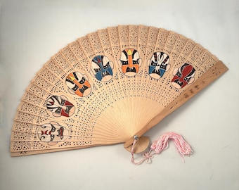 Vintage Chinese Wooden Hand Fan with Masks in Box