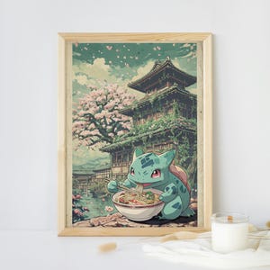 Bulbasaur: Vintage Japanese Inspired Bulbasaur Noodle Art Print- wall art for bedroom and Japanese home decor