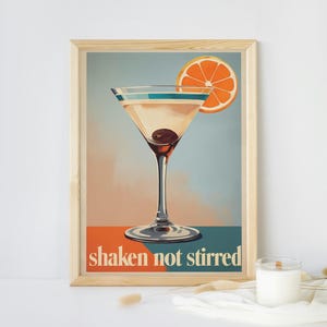 Póster de cóctel martini: póster de arte mural 'Shaken Not Stirred'. Impresión de martini, decoración de pared de cocina, póster de cóctel, impresión de cóctel