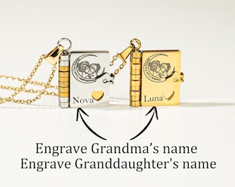 Granddaughter Book Chapter Necklace- Personalized Engraved Grandma Love You to The Moon Locket Pendant, Book Lover Duaghter Christmas Gifts