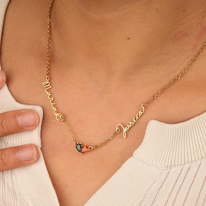 Collana di coppia personalizzata, gioielli in oro 18 carati con due nomi e pietra portafortuna, regalo per madre e figlia, regalo di anniversario per San Valentino