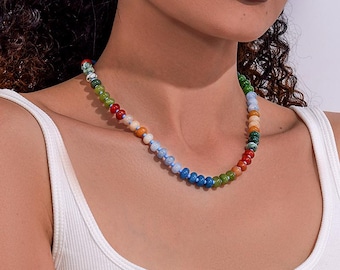 Colorful Gemstone Beaded Necklace, Personalized Handmade 8mm Rondelle NaturalJade Beads Choker,18K Gold Plated Holiday Jewely Gift for Her