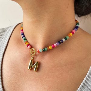 Colorful Agate Beaded Choker Necklace with Balloon Letter, 18K Gold Waterproof Bubble Initial Pendant Necklace, Personalized Gift for Her