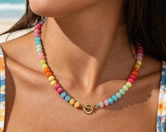 Rainbow Gemstone Beaded Necklace, Colorful Candy Hand Knotted Summer Choker Toggle Clasp Jewelry Gift for Mom Her