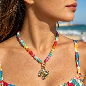 Rainbow Gemstone Beaded Choker with Balloon Letter, 18K Gold Waterproof Bubble Initial Bubble Necklace, Personalized Gift for Her
