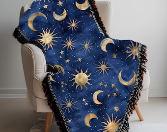 Manta tejida celestial: acogedora manta, decoración astrológica, regalo de noche estrellada, calidez para el hogar, arte celestial
