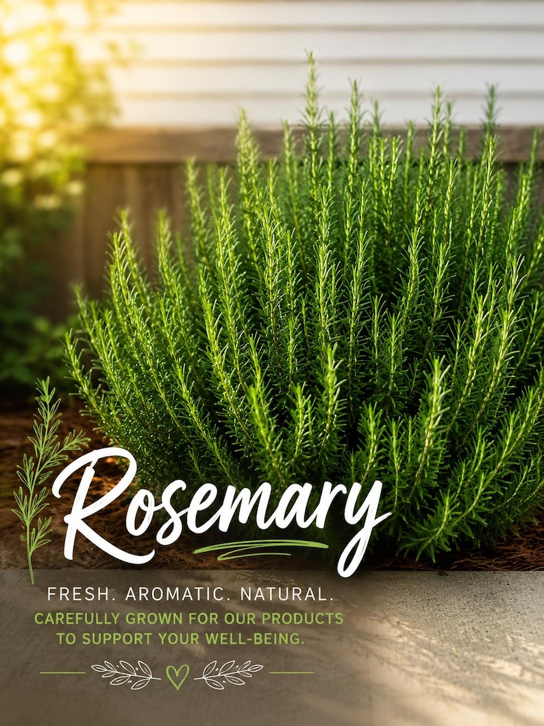 May include: A vibrant green rosemary plant with needle-like leaves. The image features white text that reads: Rosemary, FRESH. AROMATIC. NATURAL. CAREFULLY GROWN FOR OUR PRODUCTS TO SUPPORT YOUR WELL-BEING, along with a small heart and leaf graphic.