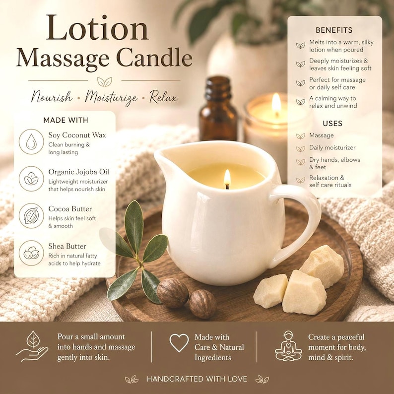 May include: A white ceramic pitcher containing a lit lotion massage candle, placed on a wooden tray with shea butter chunks and a small green sprig. The image includes text detailing ingredients like soy coconut wax, jojoba oil, and cocoa butter.