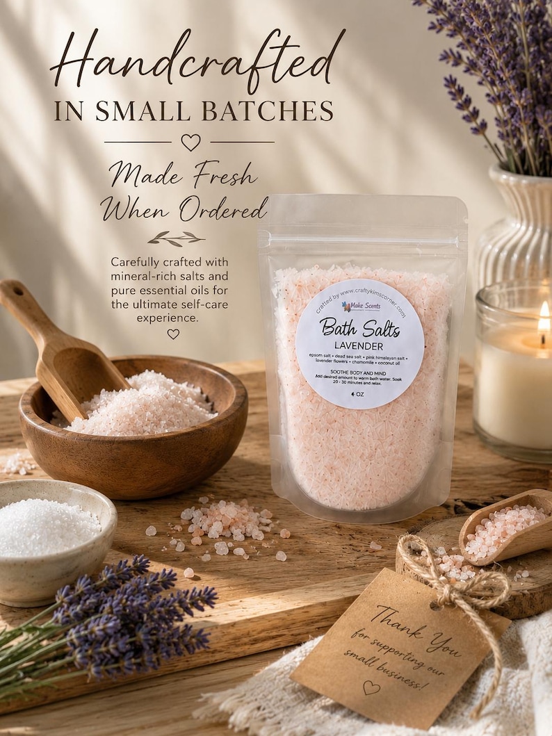Pu&ograve; includere: Una busta trasparente di sali da bagno alla lavanda con un'etichetta circolare che riporta Bath Salts Lavender, 113g. La busta &egrave; circondata da una ciotola di legno con sale rosa, una ciotolina di sale bianco, un cucchiaio di legno e lavanda.