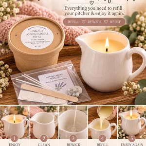 May include: A lotion candle refill kit featuring a 4.5 oz container of Sea Salt Vanilla soy wax blend, a white ceramic pitcher with a lit candle, and a plastic bag containing wicks, stickers, and a wooden stirrer, with instructions for use.