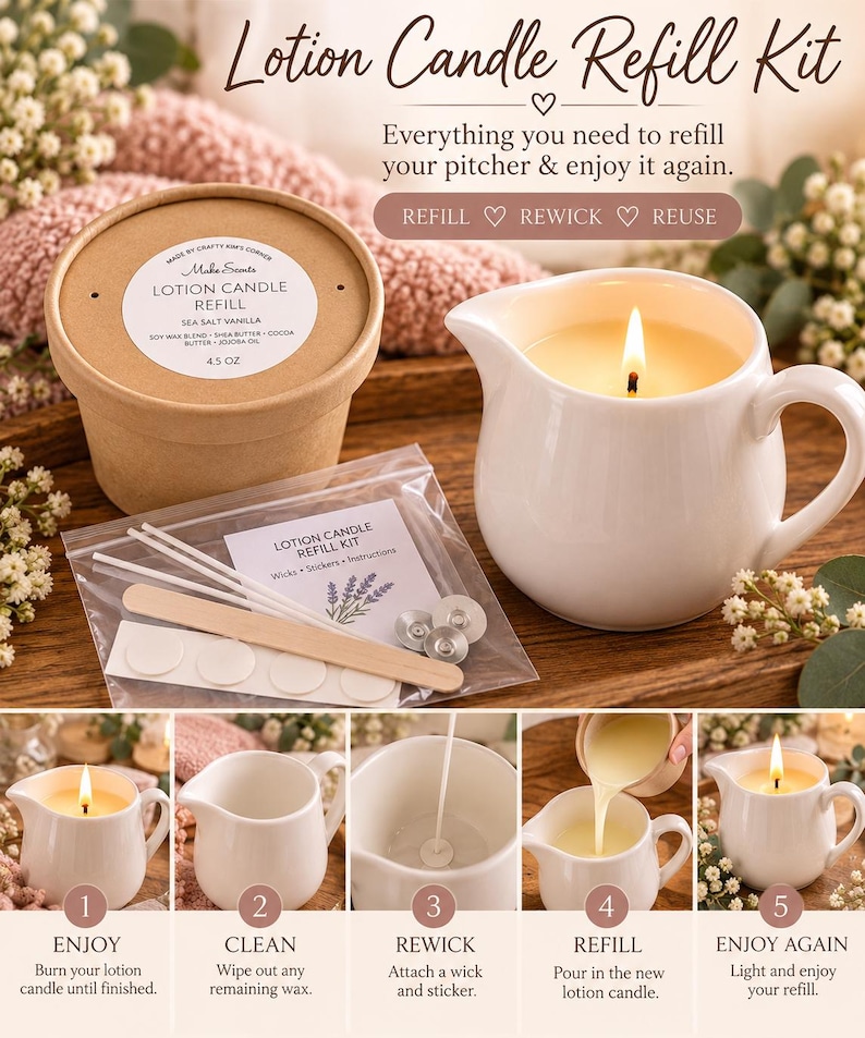 May include: A lotion candle refill kit featuring a 4.5 oz container of Sea Salt Vanilla soy wax blend, a white ceramic pitcher with a lit candle, and a plastic bag containing wicks, stickers, and a wooden stirrer, with instructions for use.