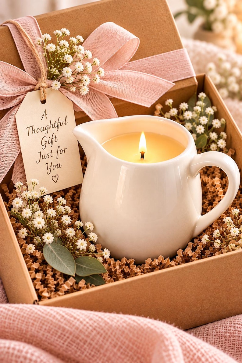 May include: A white ceramic pitcher candle with a lit wick, nestled in a brown gift box filled with crinkle paper and white baby's breath flowers. A pink ribbon and a beige tag with the text A Thoughtful Gift Just for You are attached.