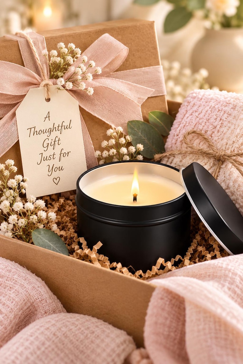 May include: A gift box containing a black metal candle tin with a lit candle, a pink textured fabric, and a beige gift tag with the text A Thoughtful Gift Just for You and a heart symbol, decorated with a pink ribbon and small white flowers.