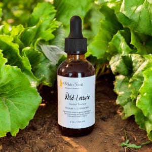 May include: A brown glass bottle of "Wild Lettuce" herbal tincture with a black dropper. The label reads "Make Scents Aromatherapy." The bottle is 2 oz (60 ml). The background features green leafy plants.