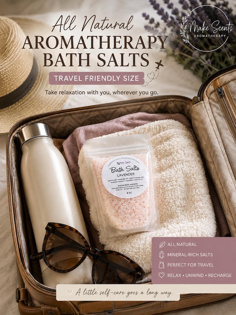 Pu&ograve; includere: Una bustina di plastica trasparente contenente sali da bagno alla lavanda rosa con etichetta 4 oz, riposta in una valigia insieme a una borraccia in metallo color crema, occhiali da sole tartarugati e un asciugamano bianco. Testo incluso.