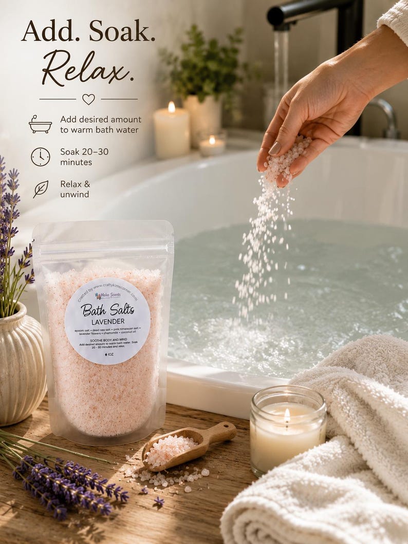 Pu&ograve; includere: Una busta trasparente di sali da bagno alla lavanda rosa con un'etichetta che riporta Bath Salts LAVENDER. Il testo Add. Soak. Relax. &egrave; visibile insieme alle istruzioni. Cristalli di sale rosa vengono versati in una vasca bianca vicino a un cucchiaio di legno.
