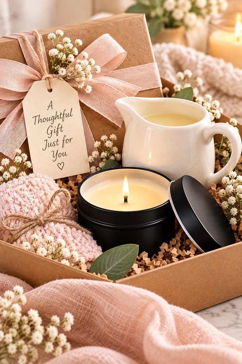 May include: A gift box containing a lit candle in a black tin with a matching lid, a white ceramic creamer, a pink textured fabric item, and a tag with the text A Thoughtful Gift Just for You with a heart symbol, all accented with baby's breath.