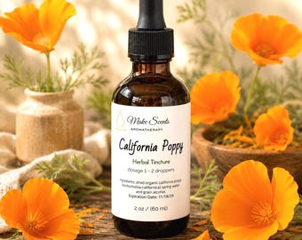 May include: A brown glass dropper bottle of California Poppy herbal tincture with a black cap. The white label reads Make Scents Aromatherapy, California Poppy, Herbal Tincture, dosage 1-2 droppers, ingredients, expiration date 18/11/29, and 60 ml.