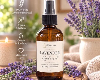 May include: A 118 ml amber glass spray bottle of lavender hydrosol with a white label reading Make Scents Aromatherapy, Lavender Hydrosol, organic, home-distilled by Crafty Kim's Corner, 118 ml, featuring icons for pure, organic, gentle, and love.