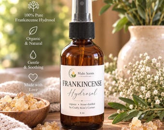 May include: A 4 oz amber glass spray bottle of Make Scents Frankincense Hydrosol. The label reads 100% Pure Frankincense Hydrosol, Organic & Natural, Gentle & Soothing, Made with Love, and organic home-distilled by Crafty Kim's Corner.