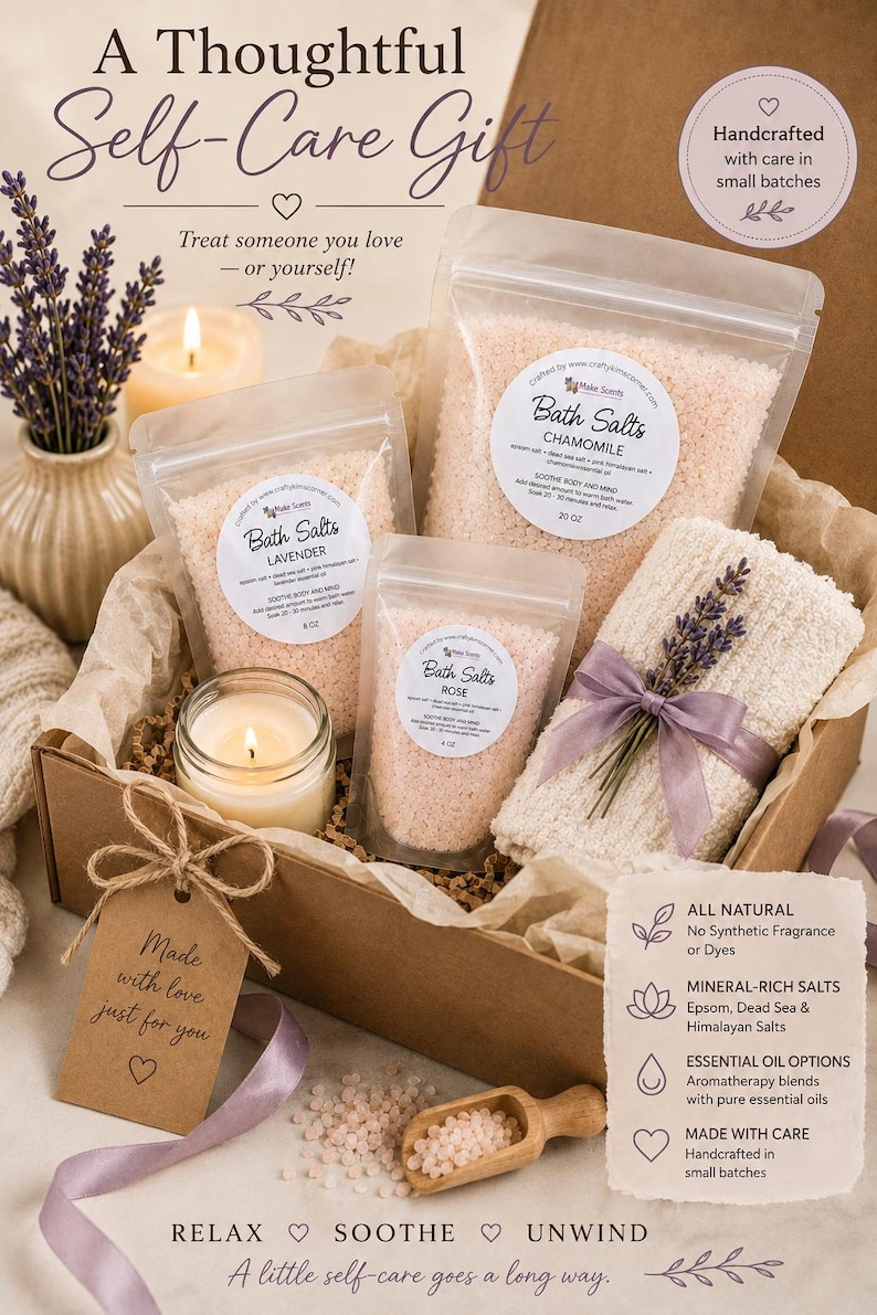 Pu&ograve; includere: Un set regalo per la cura personale in una scatola di cartone contenente tre bustine trasparenti di sali da bagno rosa etichettate Lavanda, Camomilla e Rosa, un asciugamano bianco testurizzato con un nastro color lavanda, un cucchiaio di legno e una candela.