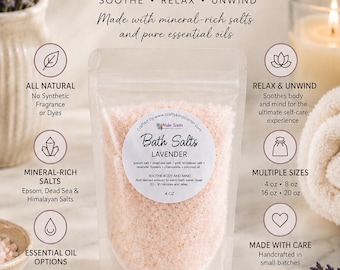 May include: A clear plastic pouch filled with pink bath salts. The label reads Bath Salts Lavender, listing ingredients like epsom salt, dead sea salt, pink himalayan salt, lavender flowers, chamomile, and coconut oil, with a net weight of 4 oz.