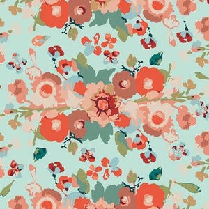 May include: A floral pattern featuring stylized flowers in shades of coral, peach, and brown, set against a light teal background. The design includes various sizes of blooms and smaller floral accents, with green leaves and stems.