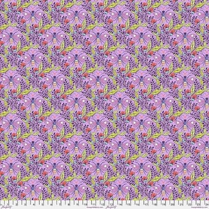 May include: A repeating pattern of stylized bees, leaves, and flowers in shades of purple, green, red, and yellow on a lavender background. The design is symmetrical and detailed, with a ruler along the bottom edge.