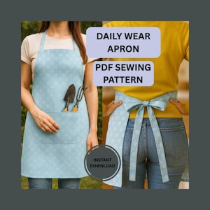 May include: Light blue apron with a white floral pattern, featuring a large front pocket. The apron is tied in a bow at the back. The image also includes the text "DAILY WEAR APRON" and "PDF SEWING PATTERN".