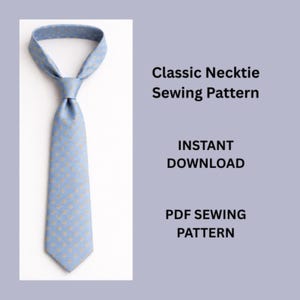 May include: A light blue classic necktie with a repeating floral pattern in a lighter shade. The tie is knotted and displayed against a white background. Text on the right reads "Classic Necktie Sewing Pattern, Instant Download, PDF Sewing Pattern."