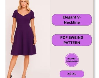 V-Neck Midi Dress Sewing Pattern: Flared A-Line Skirt (PDF)