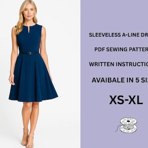 May include: A sleeveless A-line dress in a deep teal color, cinched at the waist with a thin belt. The image includes text: SLEEVELESS A-LINE DRESS, PDF SEWING PATTERN, WRITTEN INSTRUCTIONS, AVAIBALE IN 5 SIZE, XS-XL.