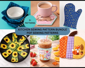Paquete de patrones de costura para cocina: guante de horno, funda para tazón, funda para café, protector de sartén y posavasos (PDF) / Descarga instantánea para principiantes