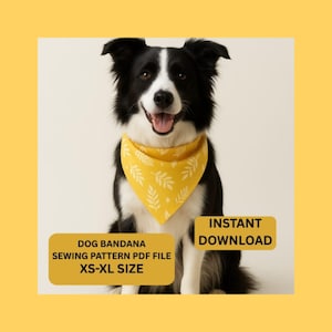 May include: A black and white dog wearing a yellow bandana with a white leaf pattern. Text on the image reads "Dog Bandana Sewing Pattern PDF File XS-XL Size" and "Instant Download".