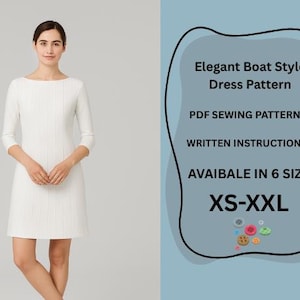 May include: A woman wearing a white, boat-neck dress with three-quarter sleeves. The dress has vertical textured lines. Text on the right reads "Elegant Boat Style Dress Pattern" and "XS-XXL".