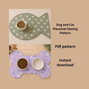 May include: A digital sewing pattern for pet placemats featuring a fish-shaped mat in sage green with white cat icons and a bone-shaped mat in lavender with a floral print. The text reads Dog and Cat Placemat Sewing Pattern, Pdf pattern, Instant download.
