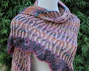 Pinks and Purples Variegated 100 Percent Pure and Soft Merino Wool Hand Knit Brioche Lace Full Size Shawl or Wrap